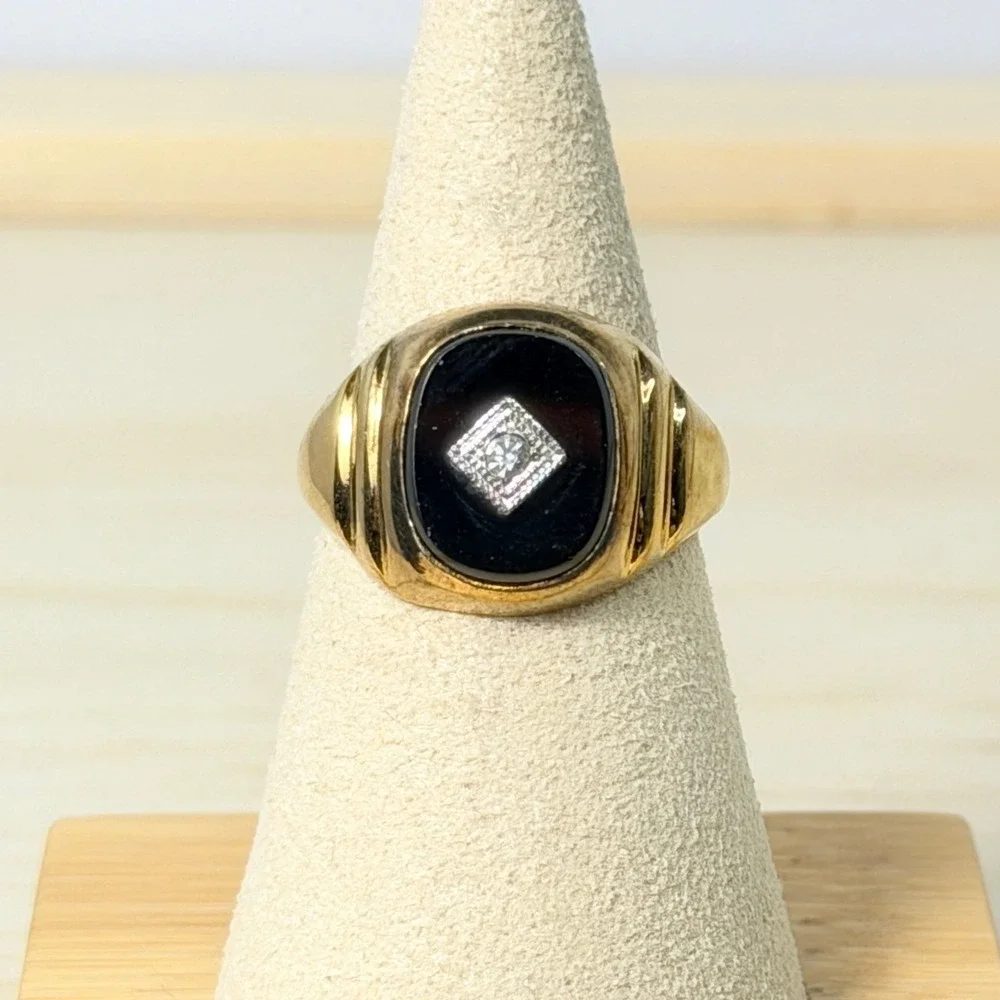 Vintage Classic Karatclad Black Onyx Diamond Signet Ring Heavy Gold EP Size 8